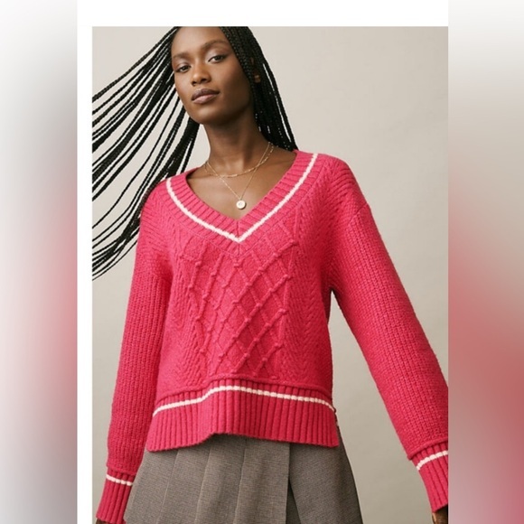 Anthropologie Sweaters - Anthropologie Maeve Sweater The Tillie V-Neck Cable Knit Pullover in Berry Pink